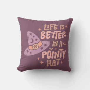 Life is Better in a Pointy Hat Purple Halloween Cushion