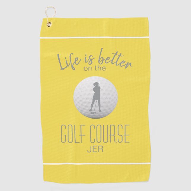 Life Is Better Lady Golf Silhouette Trendy Yellow Golf Towel (Front)