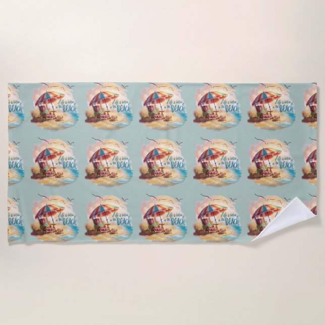 Life Is Better on the Beach Coastal Aesthetic Beach Towel (Front)