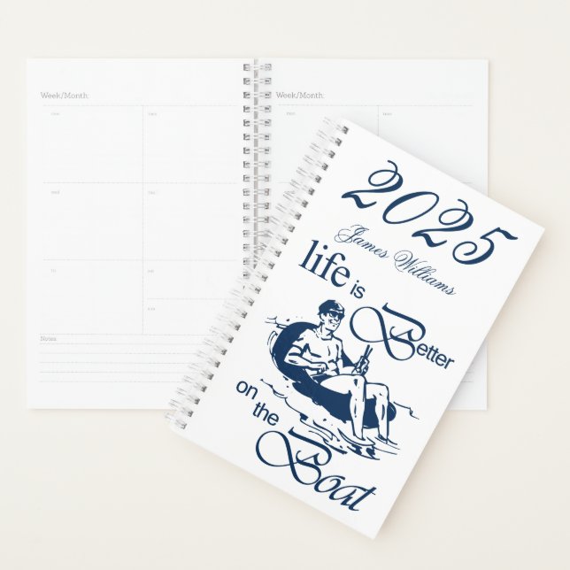 Life is better on the boat Funny Rowboat Cartoon Planner (Display)