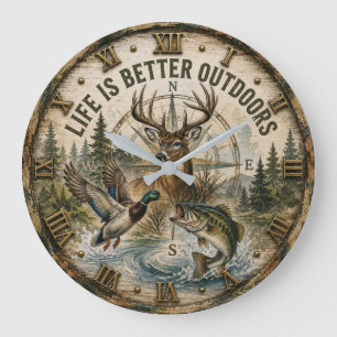 Life Is Better Outdoors Hunting Fishing Wildlife Large Clock