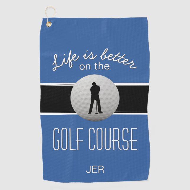 Life is Better Quote Golf Ball Monogram Blue Black Golf Towel (Front)
