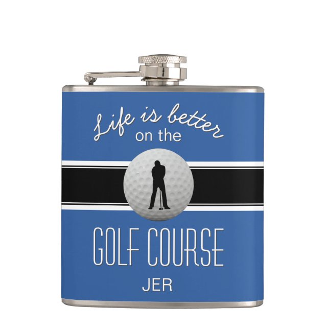 Life is Better Quote Golf Ball Monogram Blue Black Hip Flask (Front)