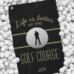 Life is Better Quote Golfer Monogram Black Gold Golf Towel