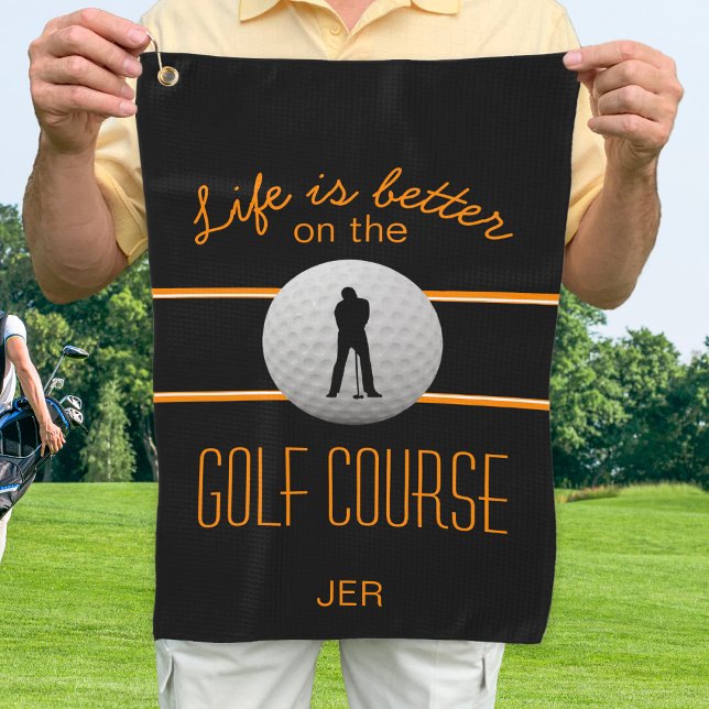 Life is Better Quote Golfer Monogram Black Orange Golf Towel (Creator Uploaded)