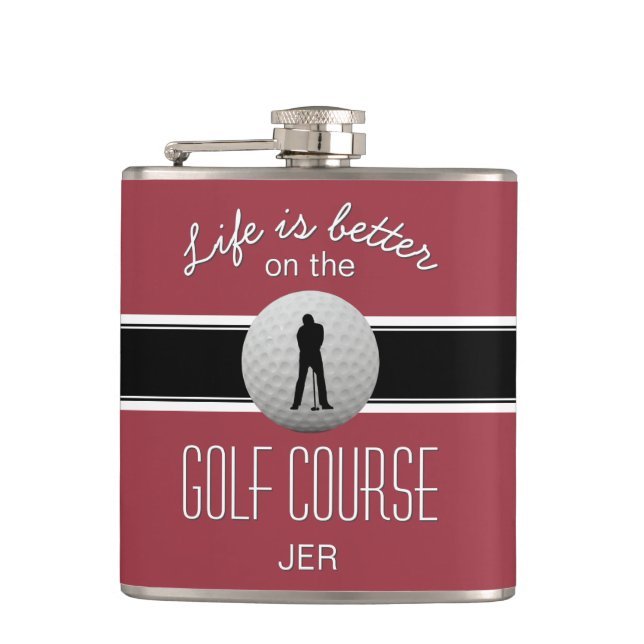 Life is Better Quote Golfing Monogram Crimson Red Hip Flask (Front)