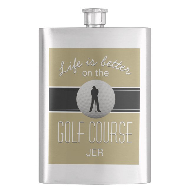 Life is Better Quote Golfing Monogram Gold Black Hip Flask (Front)