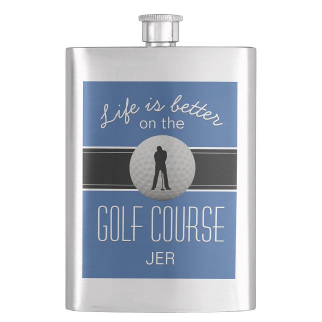 Life is Better Quote Golfing Monogram Royal Blue Hip Flask (Front)