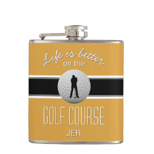 Life is Better Quote Golfing Monogram Yellow Black Hip Flask