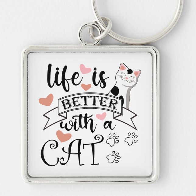 Life is Better With a Cat quote slogan Key Ring (Front)