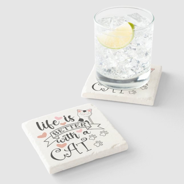 Life is Better With a Cat quote slogan Stone Coaster (Side)