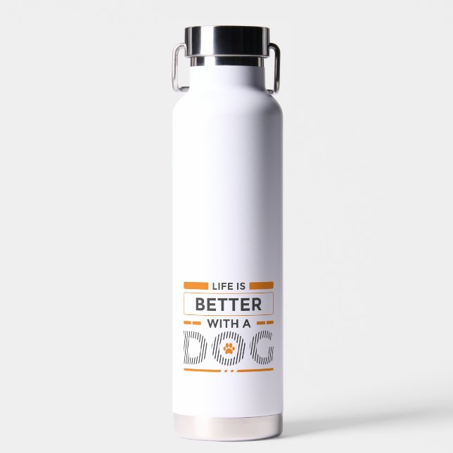 Life is better with a dog modern grey and orange  water bottle (Front)