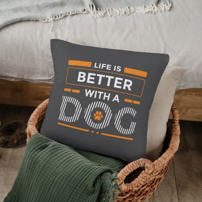 Life is better with a dog modern orange and white cushion (Creator Uploaded)