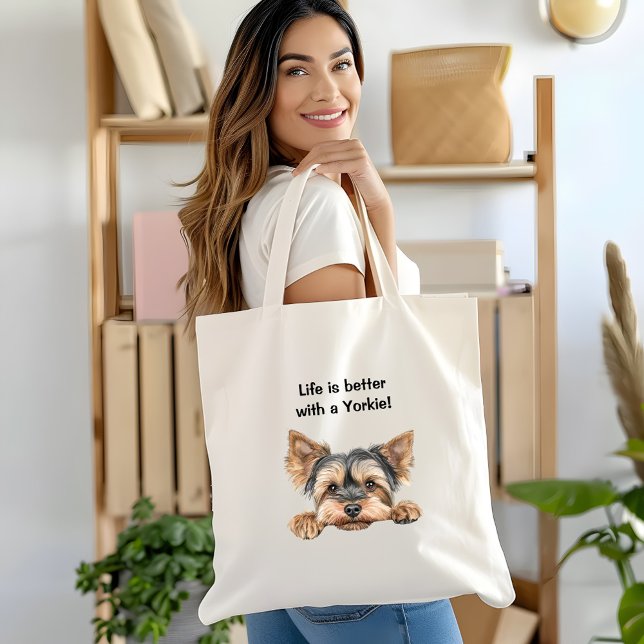 Life is better with a yorkie w peeking yorkie tote bag (Creator Uploaded)
