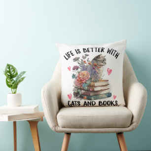 Life is better with Cats and Books Funny Cat Cushion