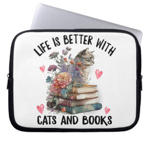 Life is better with Cats and Books Funny Cat Laptop Sleeve