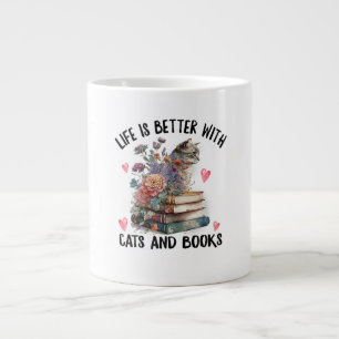 Life is better with Cats and Books Funny Cat Large Coffee Mug