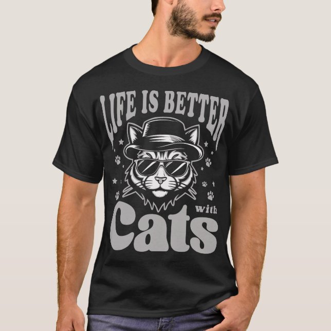 Life Is Better With Cats Cool Retro T-Shirt (Front)