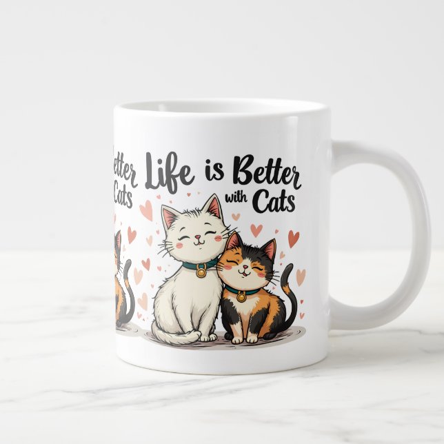 Life is Better with Cats Cute Aesthetic Cat Art Large Coffee Mug (Right)