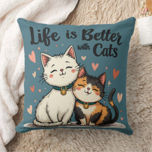 Life is Better with Cats Cute Cat Aesthetic, Blue Cushion