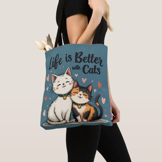 Life is Better with Cats Cute Cat Aesthetic, Blue Tote Bag (Close Up)