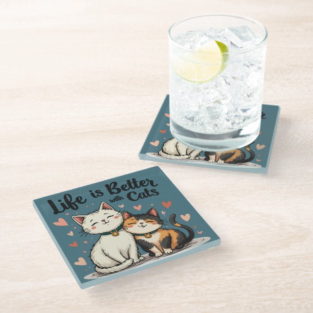 Life is Better with Cats Cute Cat Aesthetic Glass Coaster (Angled)