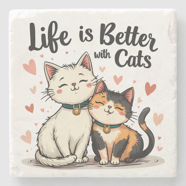 Life is Better with Cats Cute Cat Aesthetic Stone Coaster (Front)