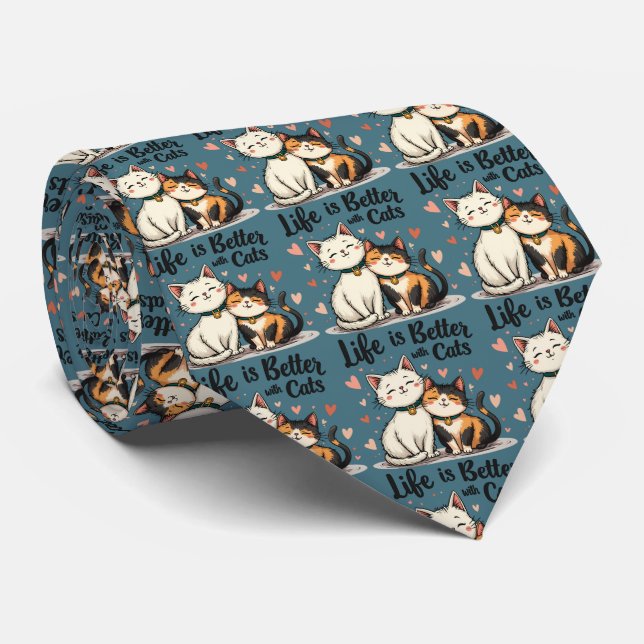 Life is Better with Cats Cute Cat Aesthetic Tie (Rolled)