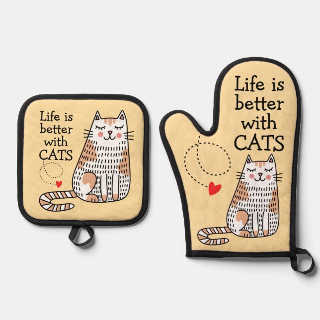 Life Is Better With Cats Doodle Oven Mitt & Pot Holder Set (Front)