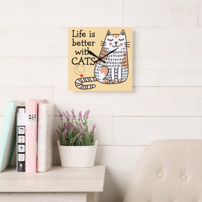 Life Is Better With Cats Doodle Square Wall Clock (Reading Room)