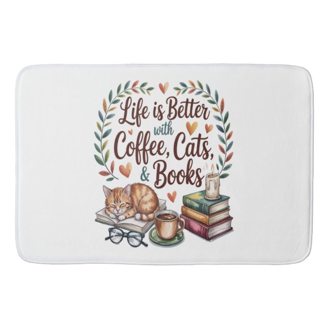 Life Is Better with Coffee Cats Books Bath Mat (Front)