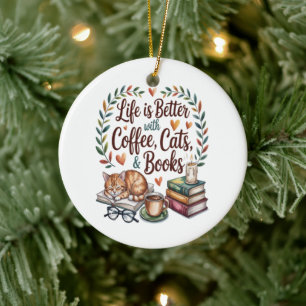 Life Is Better with Coffee Cats Books Ceramic Tree Decoration