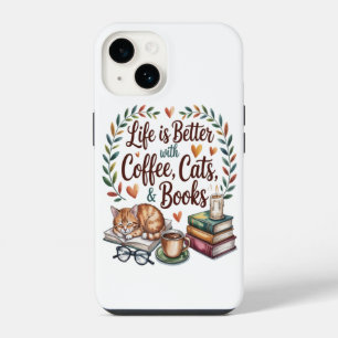 Life Is Better with Coffee Cats Books iPhone 14 Case