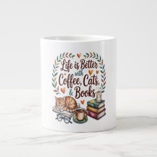 Life Is Better with Coffee Cats Books Large Coffee Mug