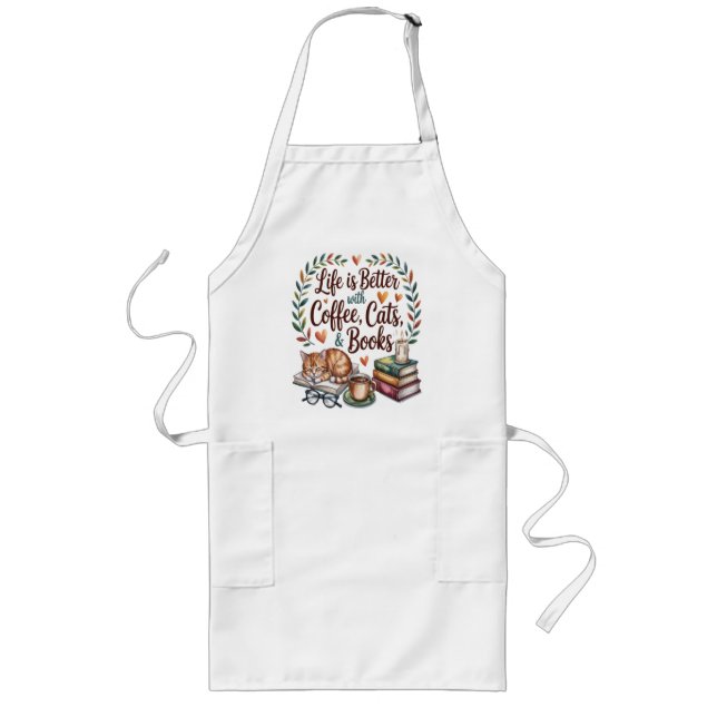Life Is Better with Coffee Cats Books Long Apron (Front)