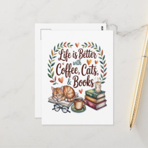 Life Is Better with Coffee Cats Books Postcard