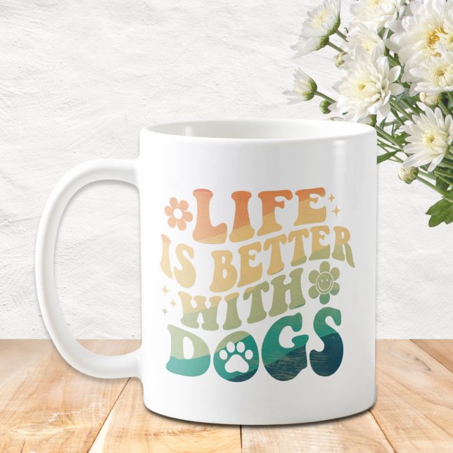 Life Is Better With Dogs Retro Groovy Monogram Coffee Mug (Creator Uploaded)