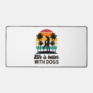 Life Is Better With Dogs Retro Sunset Man and Dog Desk Mat