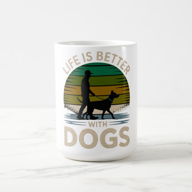 Life Is Better With Dogs Retro Sunset T-Shirt  Coffee Mug (Center)