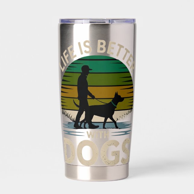 Life Is Better With Dogs Retro Sunset T-Shirt  Insulated Tumbler (Front)