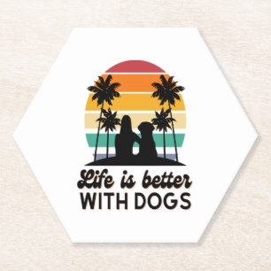 Life Is Better With Dogs Retro Sunset Woman and Do Paper Coaster
