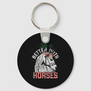 Life Is Better With Horses Horseback Riding Flower Key Ring