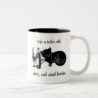 LIFE IS BETTER WITH WINE CAT AND BOOKS Two-Tone COFFEE MUG
