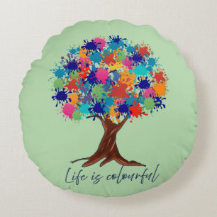 Life Is Colourful Paint Splatter Tree Round Pillow