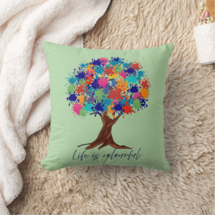 Life Is Colourful Paint Splatter Tree Throw Pillow