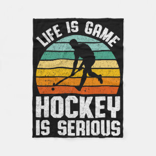 Life Is Game Hockey Is Serious Retro Hockey Player Fleece Blanket