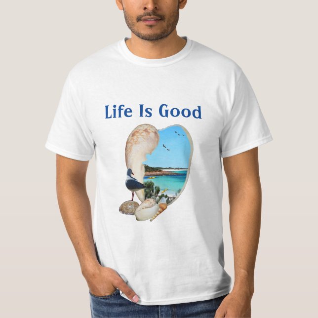 Life Is Good Beach Scene In Shell, T-Shirt (Front)