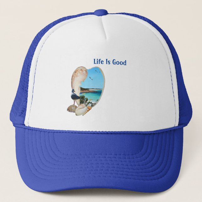 Life Is Good Beach Scene In Shell, Trucker Hat (Front)