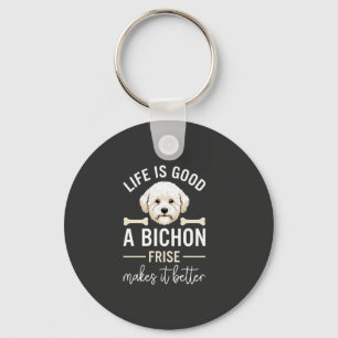 Life Is Good Bichon Frise Dog Bones White Fur Key Ring