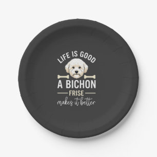 Life Is Good Bichon Frise Dog Bones White Fur Paper Plate